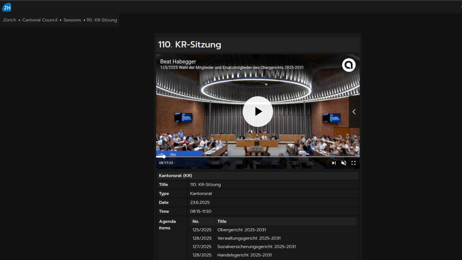 Screenshot of the website inzh.ch showing a detailed view of a session of the Zurich Cantonal Council. Screenshot of the website inzh.ch showing a detailed view of a session of the Zurich Cantonal Council.