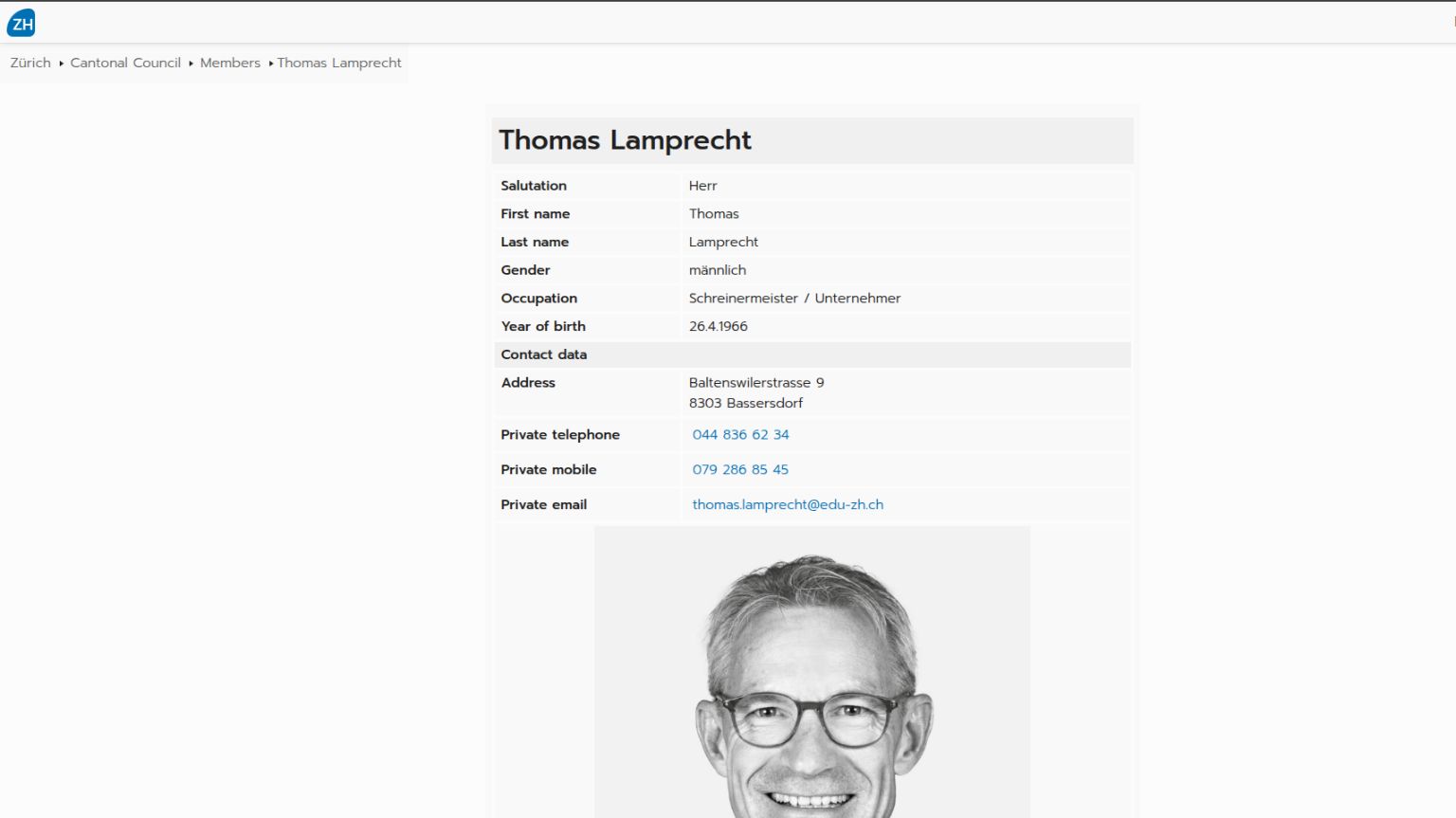 Screenshot of the website inzh.ch showing the detailed view of a member of the cantonal council. Screenshot of the website inzh.ch showing the detailed view of a member of the cantonal council.