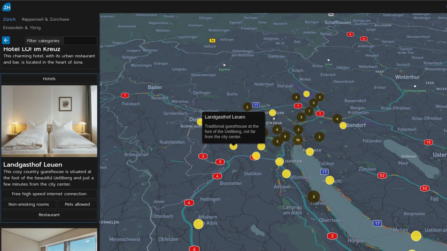 Screenshot of the website inzh.ch showing the interactive markers and clusters on the interactive map. Screenshot of the website inzh.ch showing the interactive markers and clusters on the interactive map.