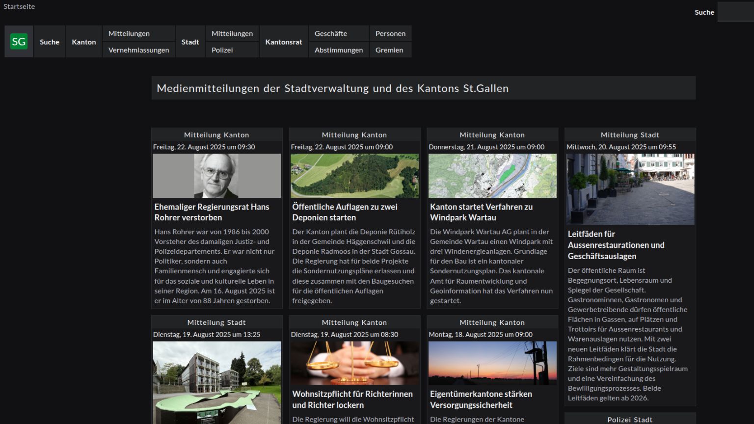 Screenshot of the website odsg.ch with an overview of the latest press releases from the city and canton of St. Gallen administrations.
