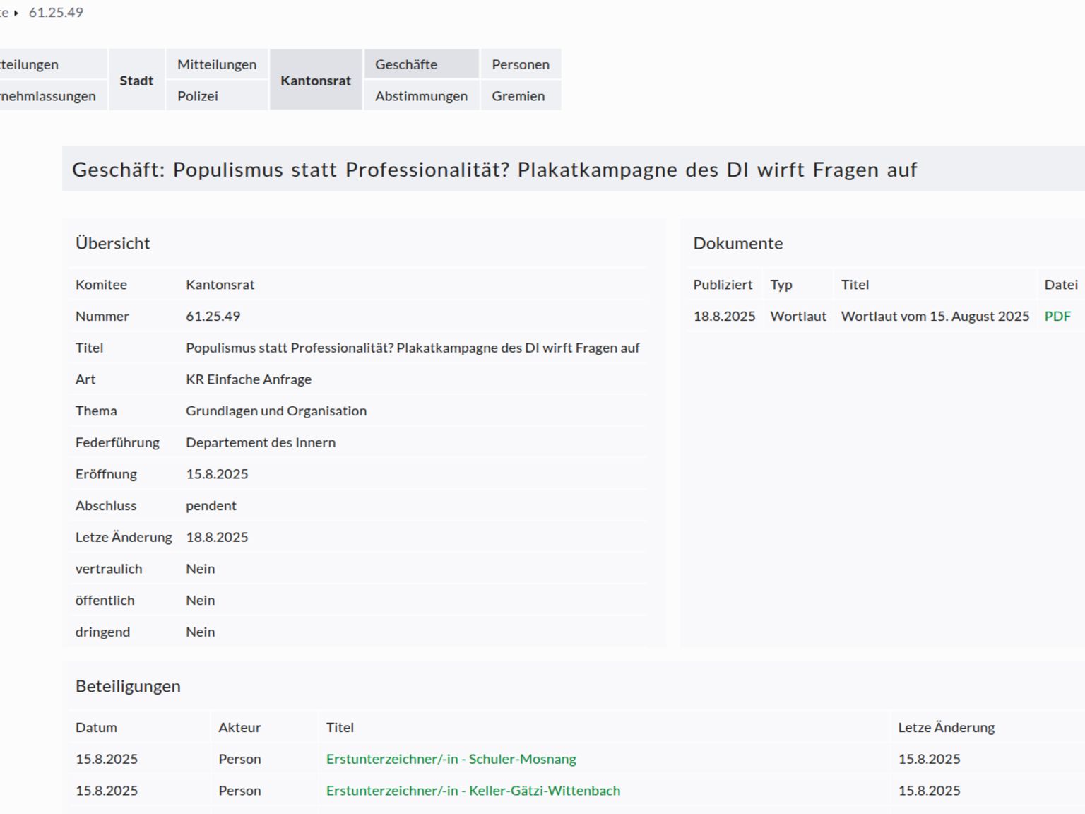 The screenshot shows the details page for a transaction by the St. Gallen Cantonal Council.