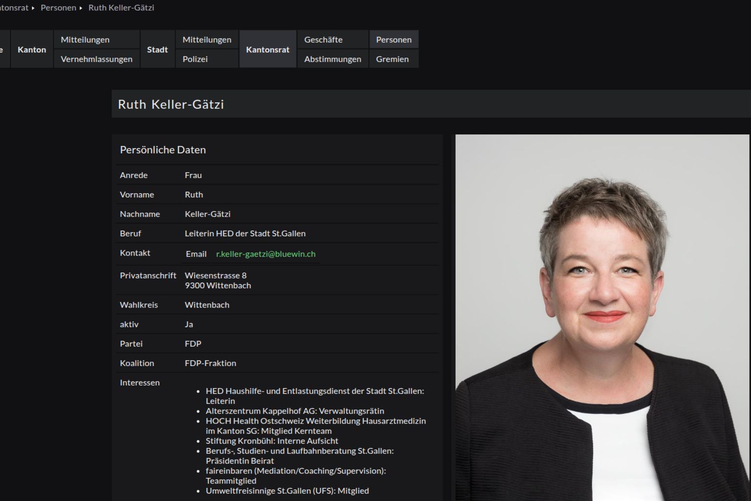 The screenshot shows the detailed view with information about a member of the St. Gallen Cantonal Council.