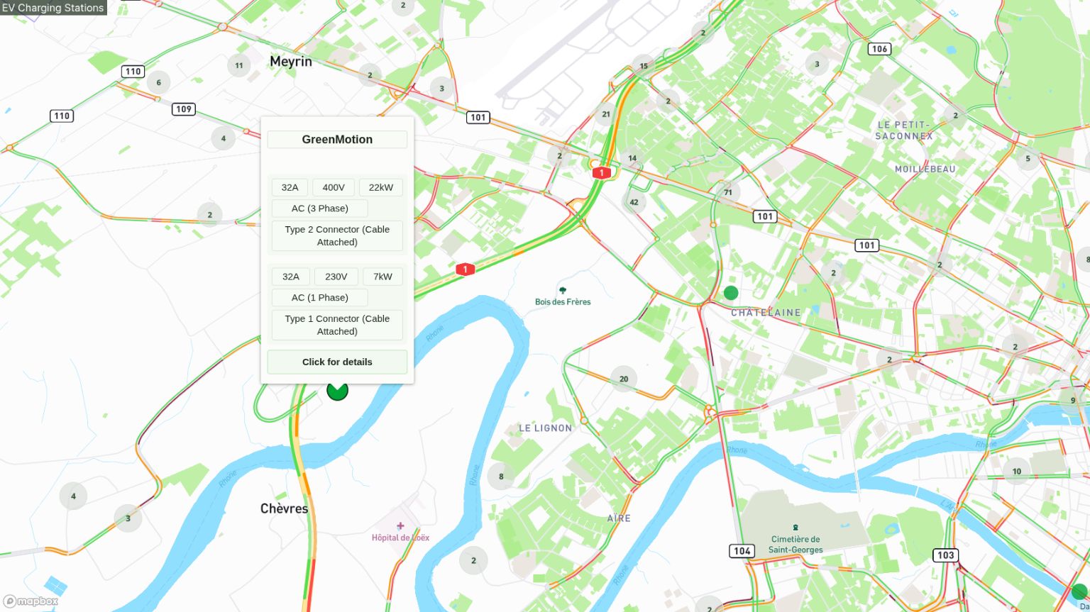 The screenshot of the website ecsmap.com shows an interactive map on which the location of a charging station for electric vehicles is marked.