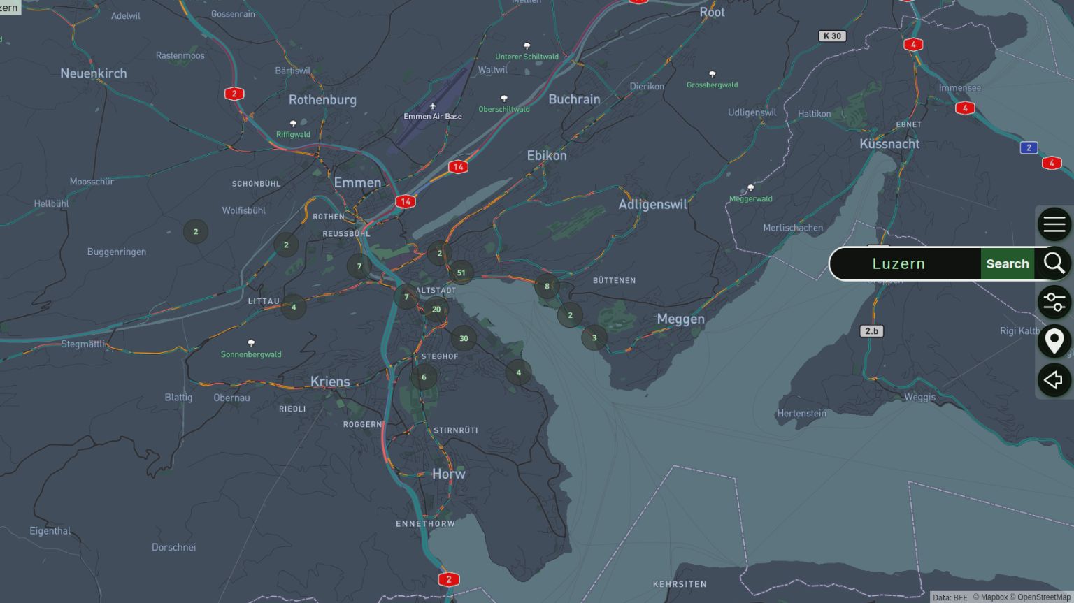The screenshot of the website ecsmap.com shows the location of charging stations for electric vehicles in the Lucerne area.
