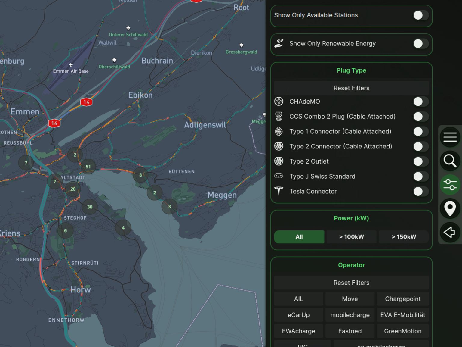 Here is a screenshot of the user interface with filter functions from ecsmap.com. The filter functions include availability, renewable energies, plug type, voltage, and provider.