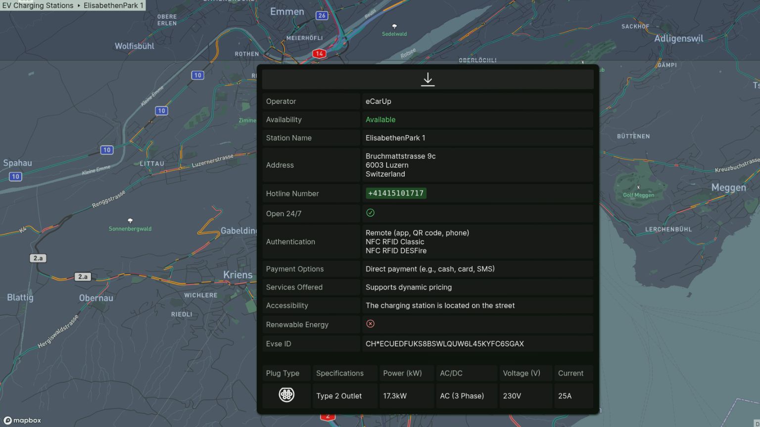 The screenshot shows a detailed view of a charging station. It contains information on current availability, address, contact details, and the types of plugs available.
