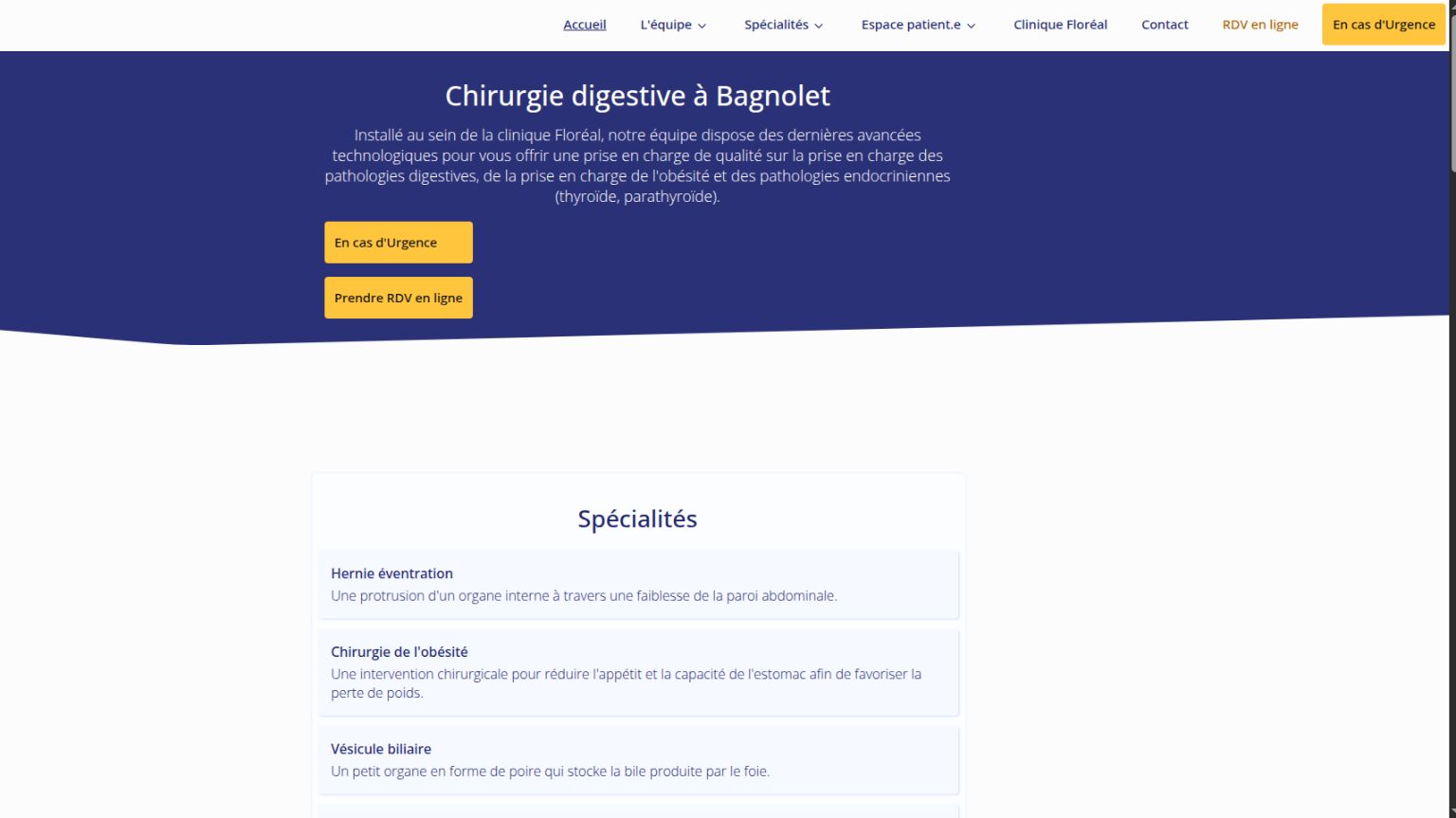 Screenshot of the website chirurgiedigestive.paris with large, high-contrast CTA buttons.