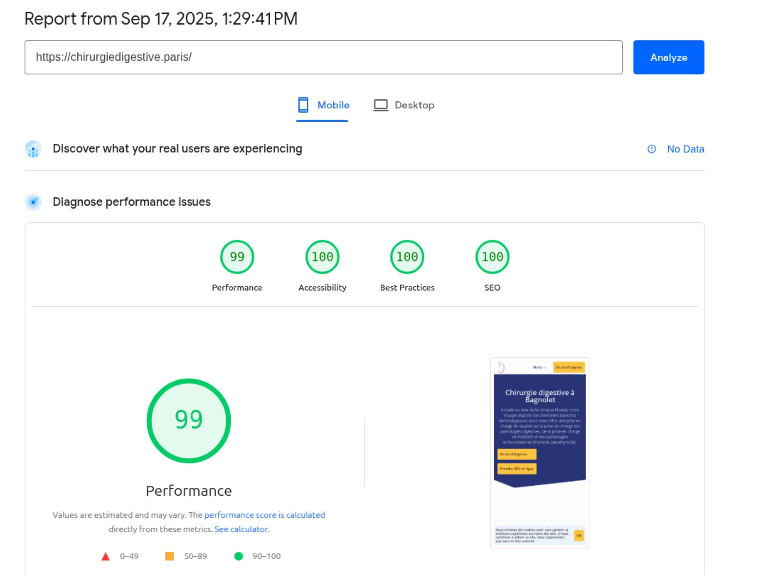 Screenshot of the Lighthouse test results for chirurgiedigestive.paris, with a near-perfect score.