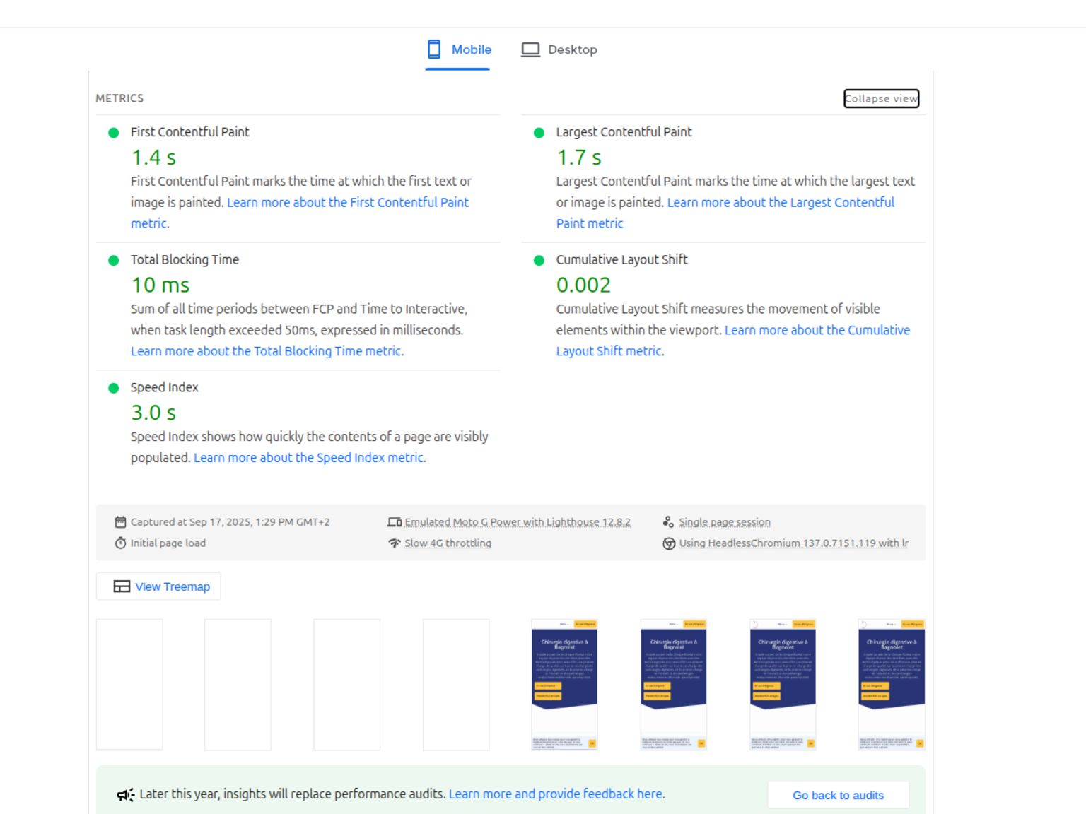 Screenshot of the detailed view of the performance analysis of the Lighthouse test.