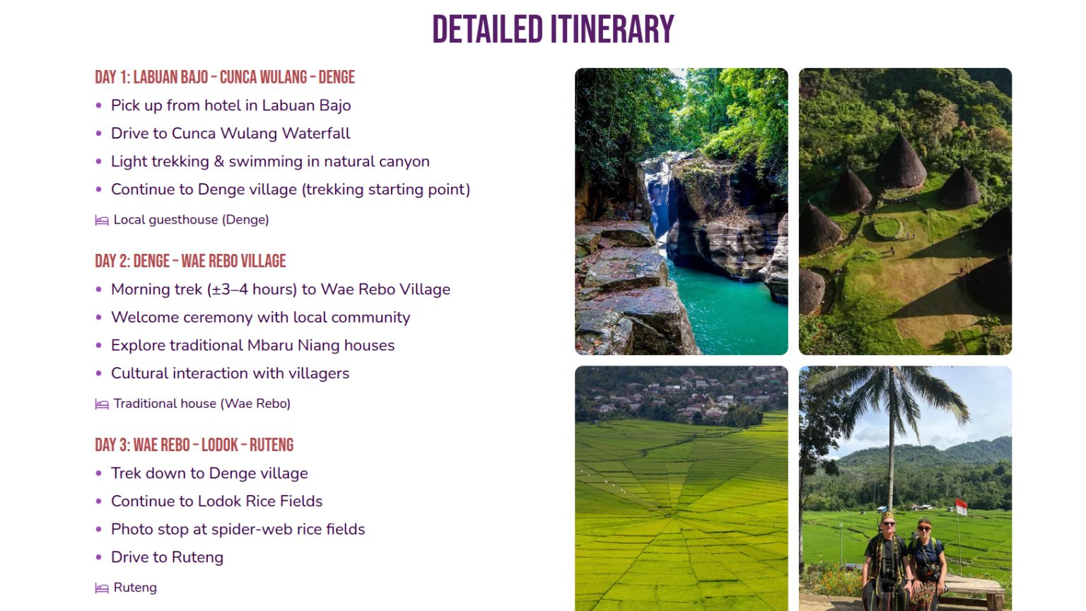 Tour detail page showing a day-by-day itinerary with activities and overnight stays next to a photo grid of a canyon waterfall, Wae Rebo village, spider-web rice fields, and travelers