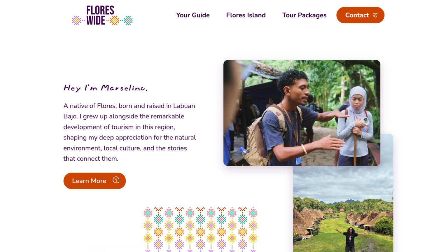 FloresWide homepage guide introduction: greeting in script font, intro text, Learn More button, overlapping photos of the guide and a traditional village, ikat flower pattern