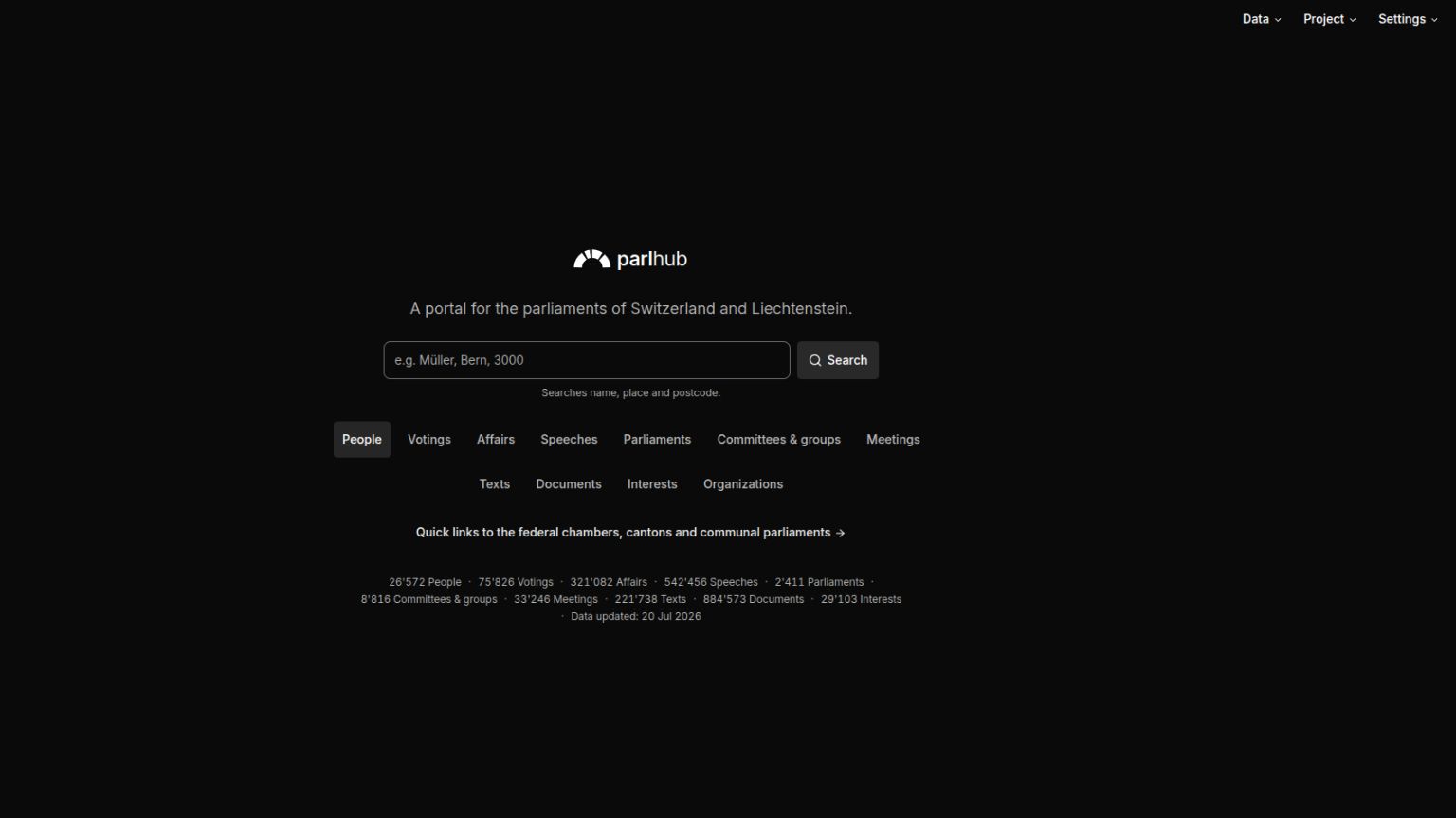 parlhub home page in dark mode: the parlhub wordmark and hemicycle logo above a search field, a row of data-section tabs (People, Votings, Affairs, Speeches, Parliaments and more), and a record count for each section. parlhub home page in dark mode: the parlhub wordmark and hemicycle logo above a search field, a row of data-section tabs (People, Votings, Affairs, Speeches, Parliaments and more), and a record count for each section.
